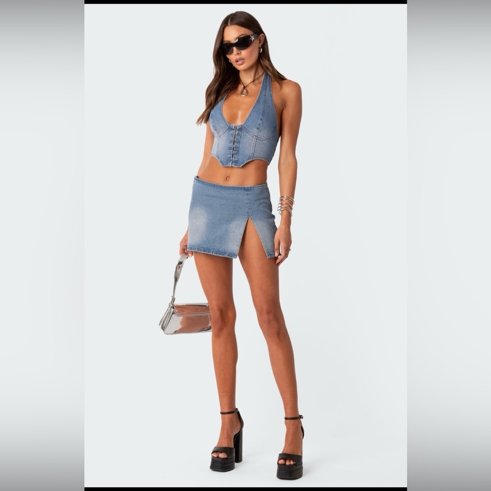 Edikted Katrina lace up denim corset & Katrina denim skirt